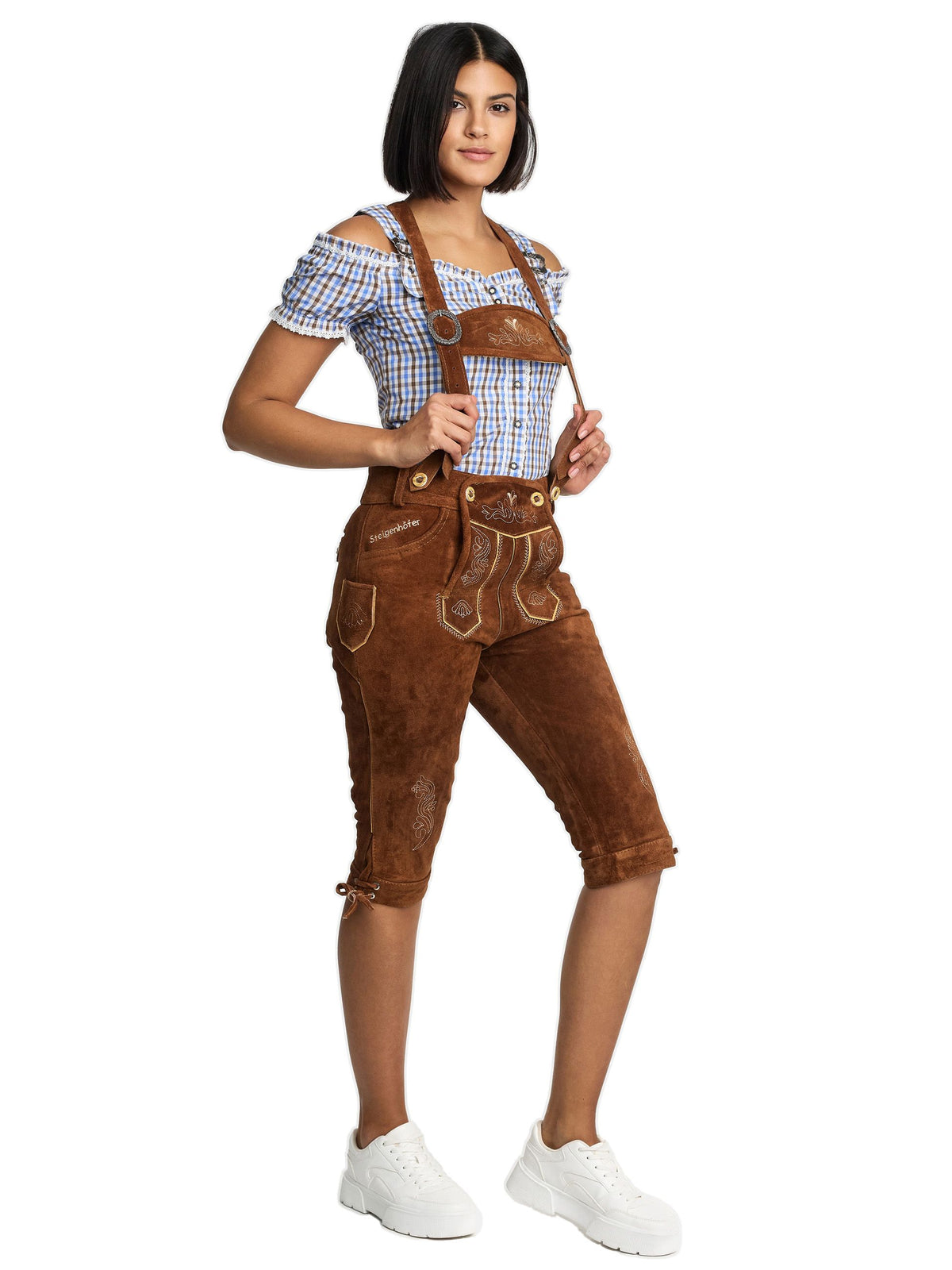 Steigenhöfer Traditionelle Kniebund-Lederhose für Damen mit Trägern